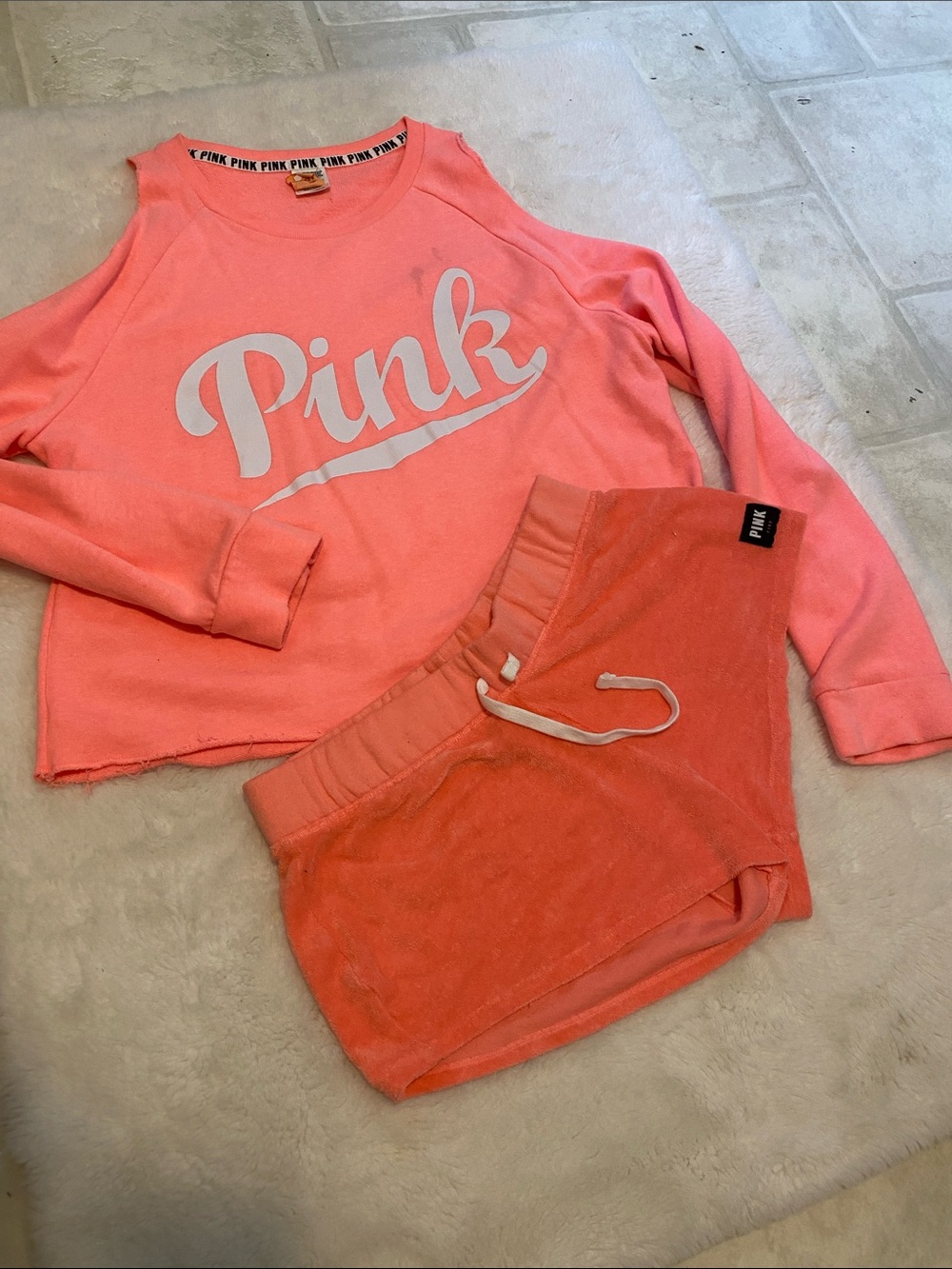 PINK Victoria's Secret Coral Pink Lounge Sweatshirt & Shorts Set